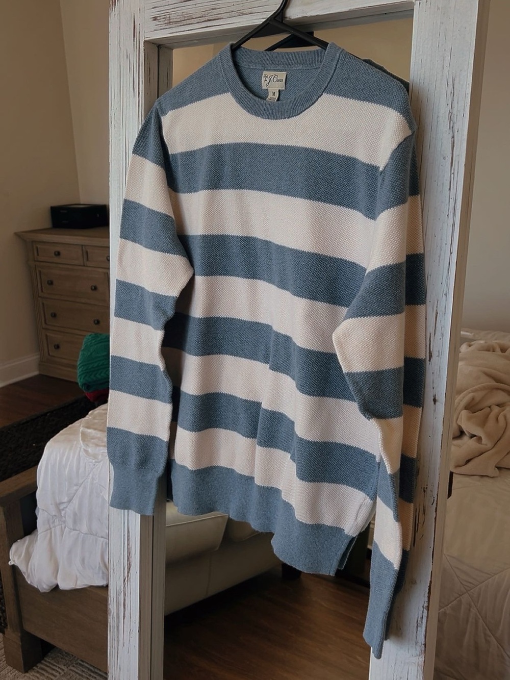 J. Crew Men's Blue and White Wide-Stripe Crewneck Sweater - Picture 2 of 5